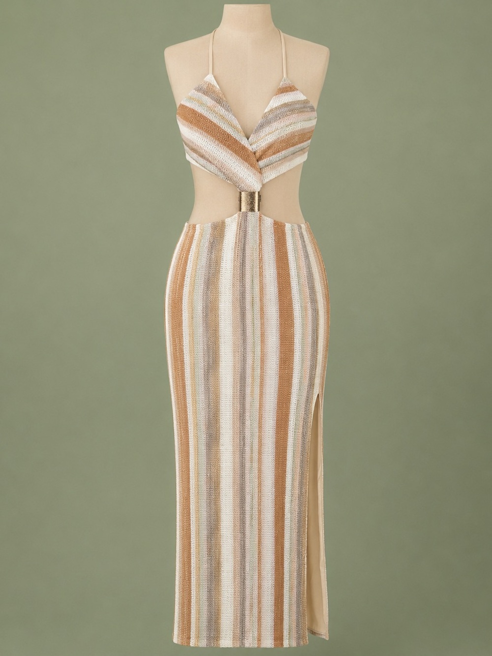 Striped Metallic Cutout Maxi Dress in Tan & Cream